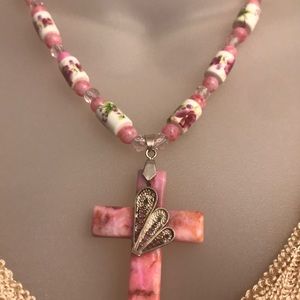 Pink Matrix stone cross with beads Necklace